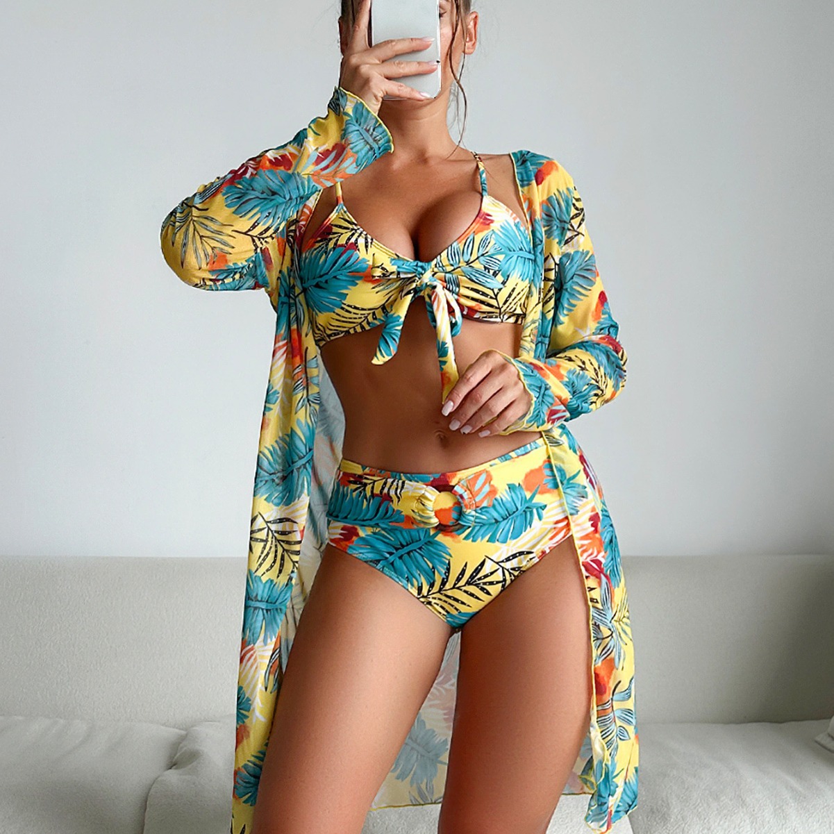 Kimono Sheer Floral - Damski 3-częściowy strój kąpielowy w kwiaty: